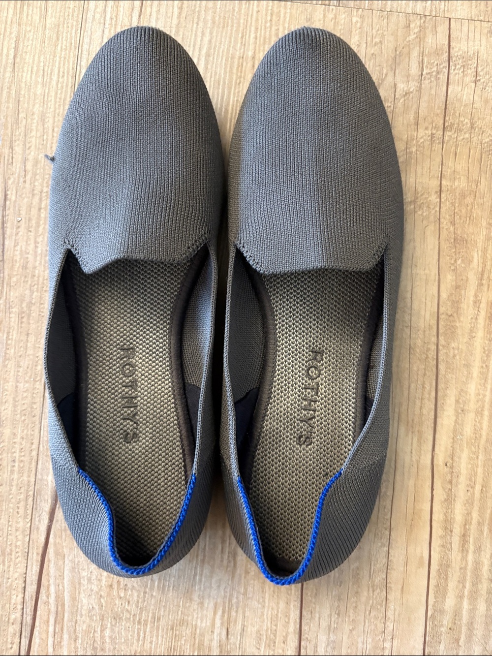 Rothy's Gray Slip-Ons with Blue Heel Trim